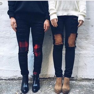 Carmar Distressed Black Jeans Red Plaid Patch